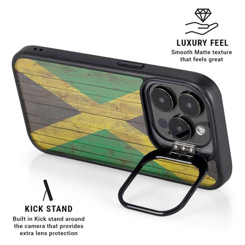 Jamaican Flag Dark Wood iPhone 16 Pro Kickstand Case